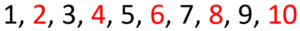 Numbers 1-10, odd numbers are black. even numbers are red.